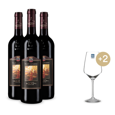 3x Brunello di Montalcino 2021 + 2 Weingläser